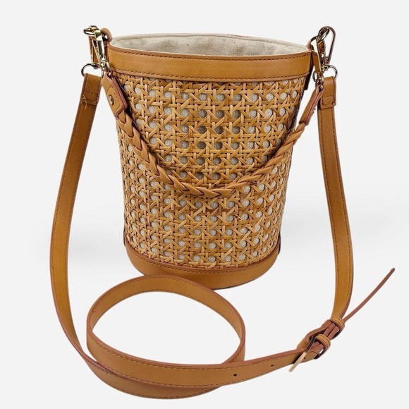 Tommy Bahama Cane Wicker Bucket Bag Drawstring Linen Lined Purse Beige Crossbody - Picture 2 of 11